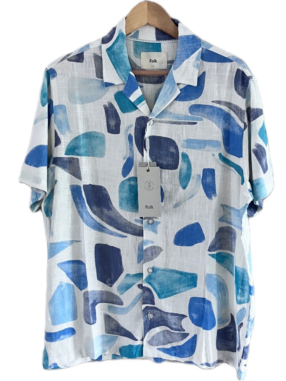 British Designer FOLK Palcont S/S Shirt Men's Sz Blue Multi-color NWT Linen